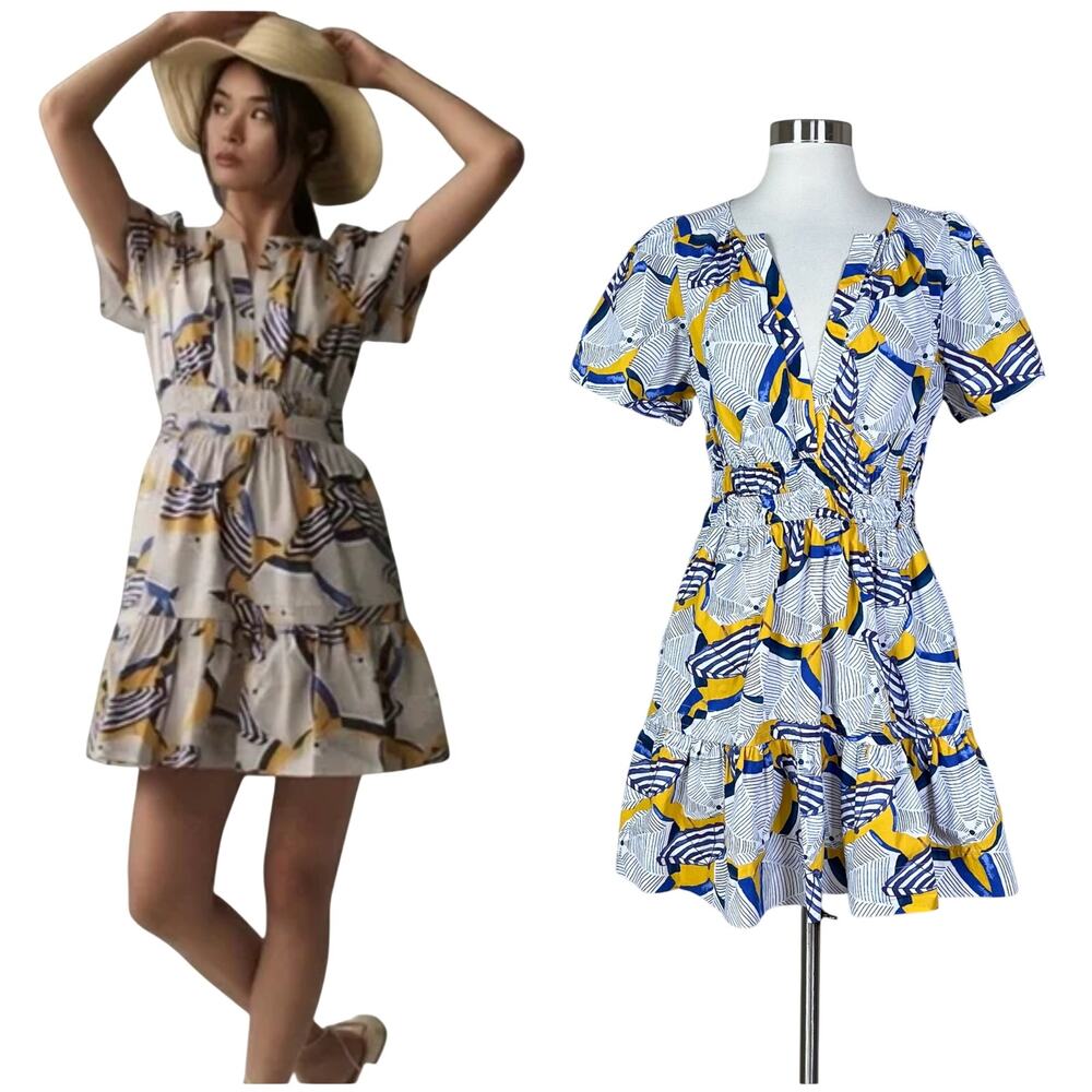 Anthropologie | Somerset Umbrella Graphic Print V Neck Smocked Mini Dress M